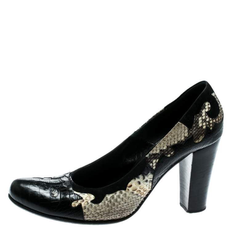 Pre Owned Loriblu Black/Beige Python, Crocodile And Suede Trim Block Heel Pumps Size 40