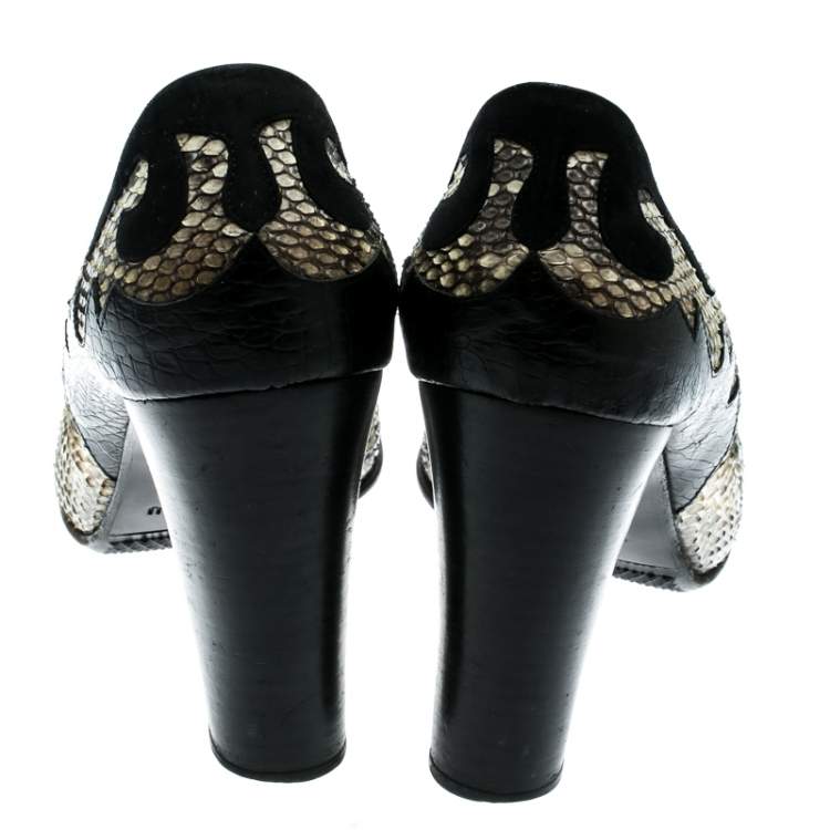 Pre Owned Loriblu Black/Beige Python, Crocodile And Suede Trim Block Heel Pumps Size 40