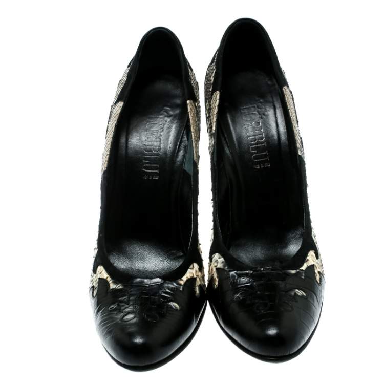 Pre Owned Loriblu Black/Beige Python, Crocodile And Suede Trim Block Heel Pumps Size 40