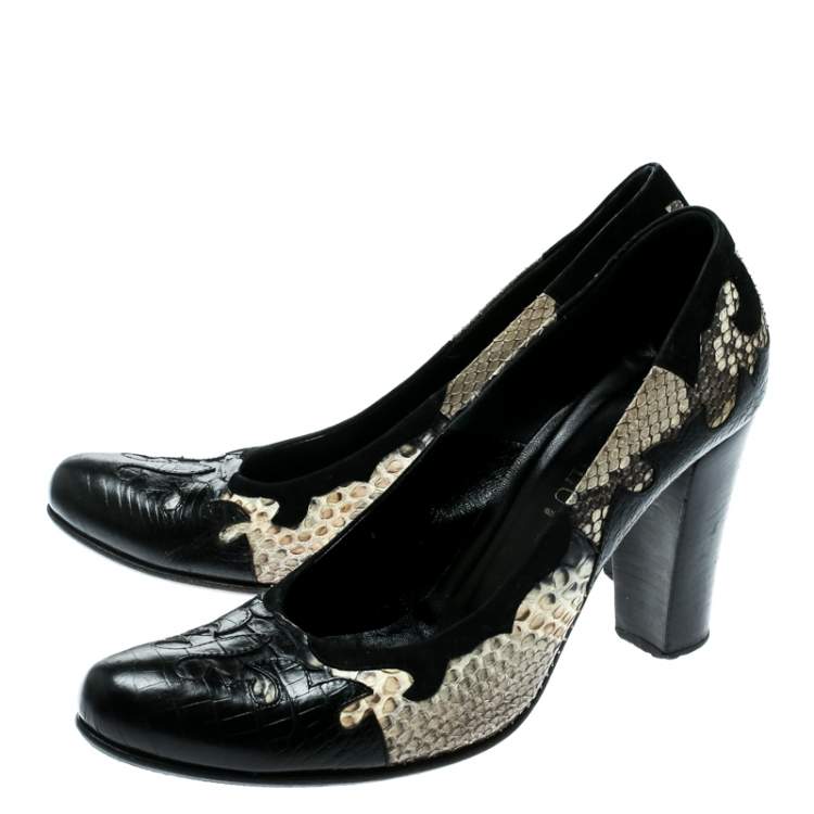 Pre Owned Loriblu Black/Beige Python, Crocodile And Suede Trim Block Heel Pumps Size 40