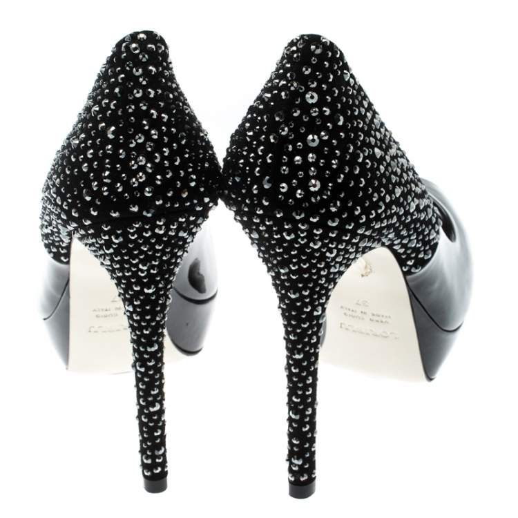 Pre Owned Loriblu Bijoux Black Crystal Embellished Suede And Patent Leather Peep Toe Platform Pumps Size 37