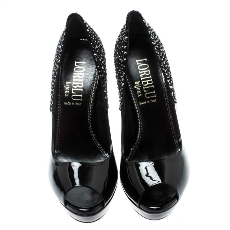 Pre Owned Loriblu Bijoux Black Crystal Embellished Suede And Patent Leather Peep Toe Platform Pumps Size 37