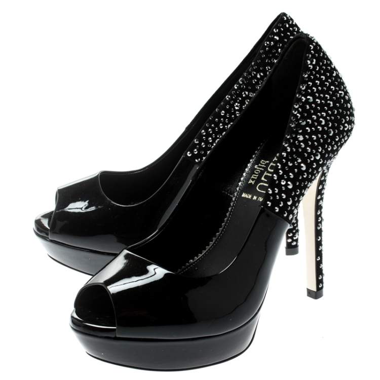 Pre Owned Loriblu Bijoux Black Crystal Embellished Suede And Patent Leather Peep Toe Platform Pumps Size 37