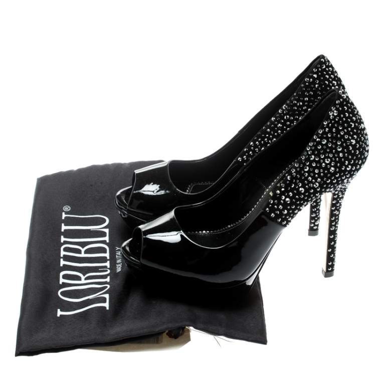 Pre Owned Loriblu Bijoux Black Crystal Embellished Suede And Patent Leather Peep Toe Platform Pumps Size 37
