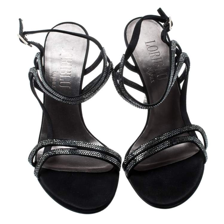 Pre Owned Loriblu Black Satin Crystal Embellished Strappy Sandals Size 37.5