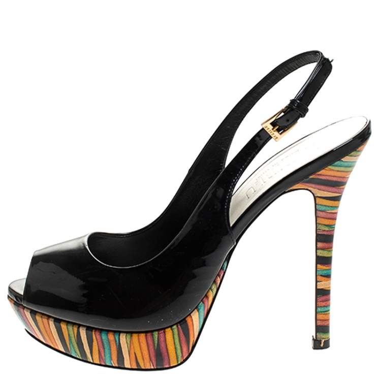 Pre Owned Loriblu Black Patent Leather Peep Toe Slingback Sandals Size 38