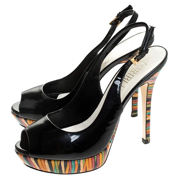 Pre Owned Loriblu Black Patent Leather Peep Toe Slingback Sandals Size 38