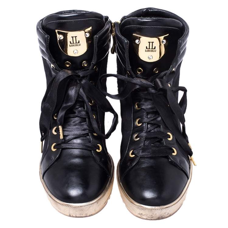 Pre Owned Loriblu Black Leather and Nylon Lace Up Wedge Sneakers Size 36