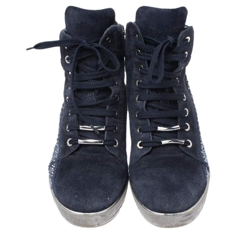Pre Owned Loriblu Blue Crystal Embellished Suede and Python Embossed Leather High Top Sneakers Size 38.5