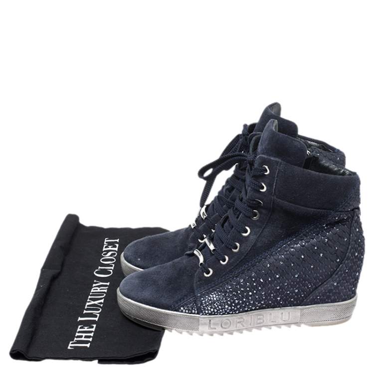 Pre Owned Loriblu Blue Crystal Embellished Suede and Python Embossed Leather High Top Sneakers Size 38.5