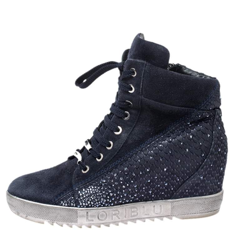 Pre Owned Loriblu Blue Crystal Embellished Suede and Python Embossed Leather High Top Sneakers Size 38.5