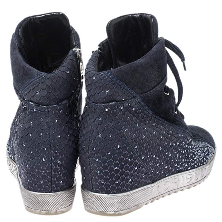 Pre Owned Loriblu Blue Crystal Embellished Suede and Python Embossed Leather High Top Sneakers Size 38.5