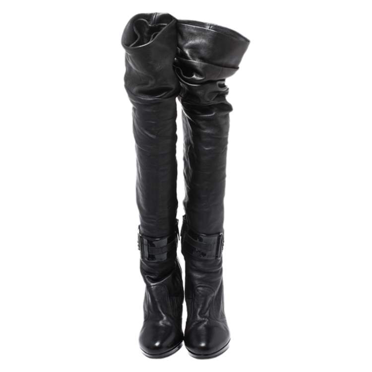 Pre Owned Loriblu Black Leather Pleat Detail Platform Knee Length Boots Size 37