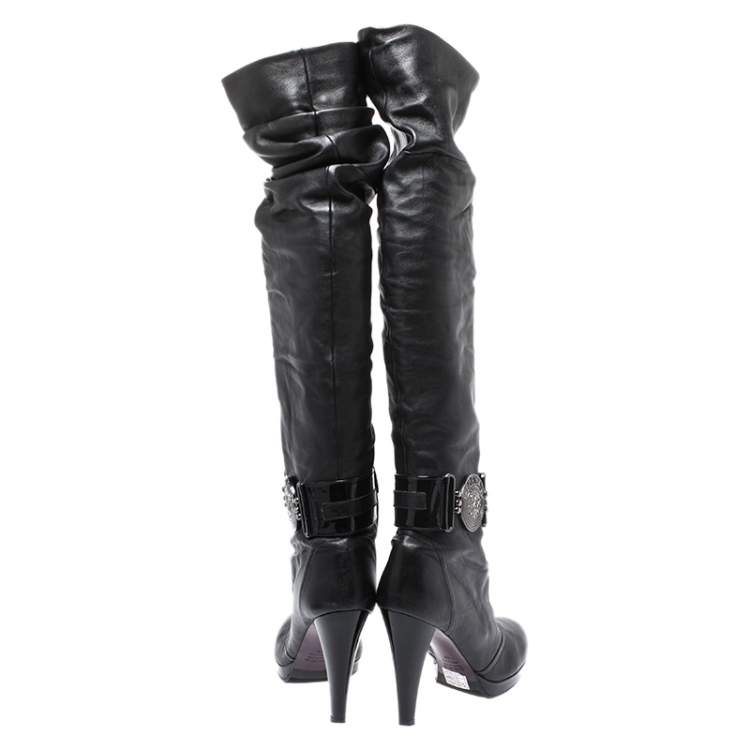 Pre Owned Loriblu Black Leather Pleat Detail Platform Knee Length Boots Size 37