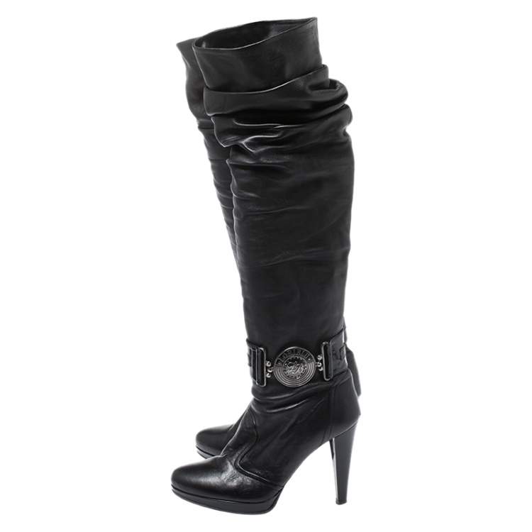 Pre Owned Loriblu Black Leather Pleat Detail Platform Knee Length Boots Size 37