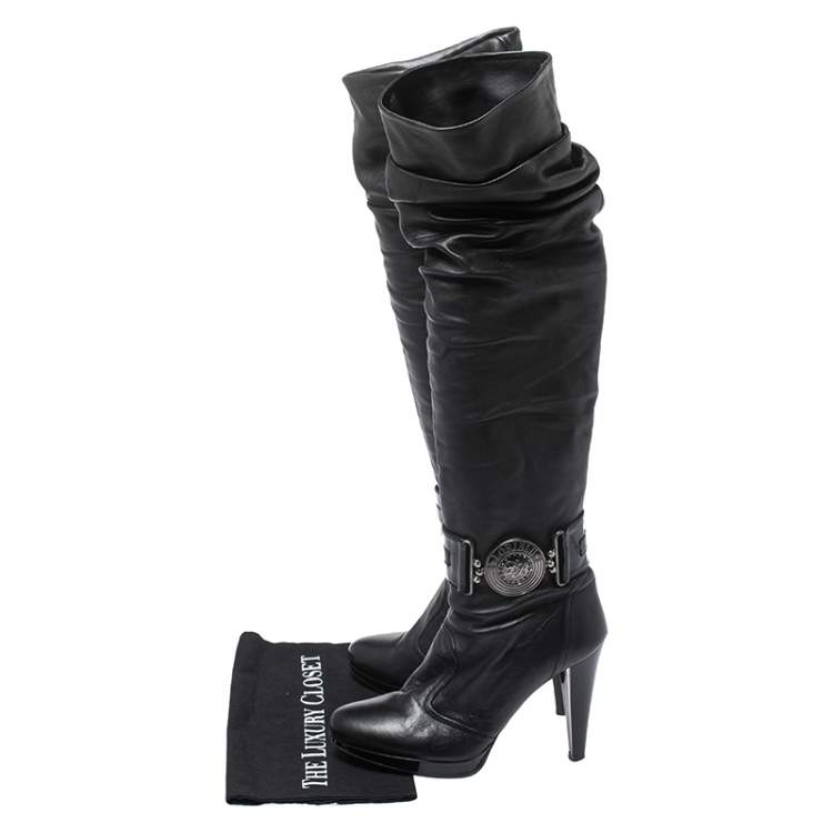 Pre Owned Loriblu Black Leather Pleat Detail Platform Knee Length Boots Size 37