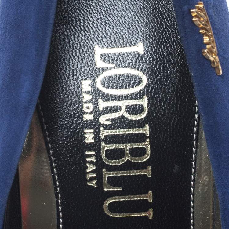 Pre Owned Loriblu Blue Crystal Embellished Suede Pointed Toe Pumps Size 38.5