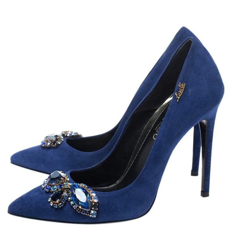 Pre Owned Loriblu Blue Crystal Embellished Suede Pointed Toe Pumps Size 38.5