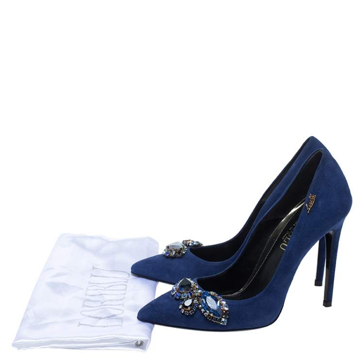 Pre Owned Loriblu Blue Crystal Embellished Suede Pointed Toe Pumps Size 38.5