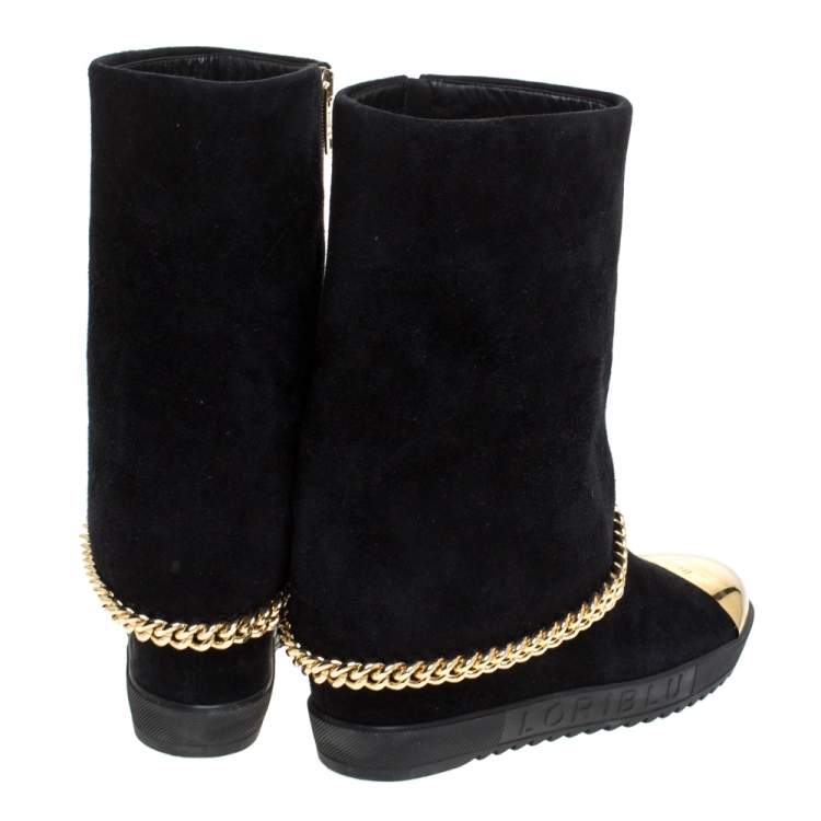 Pre Owned Loriblu Black Suede Metal Cap Toe Wedge Heel Calf Boots Size 41