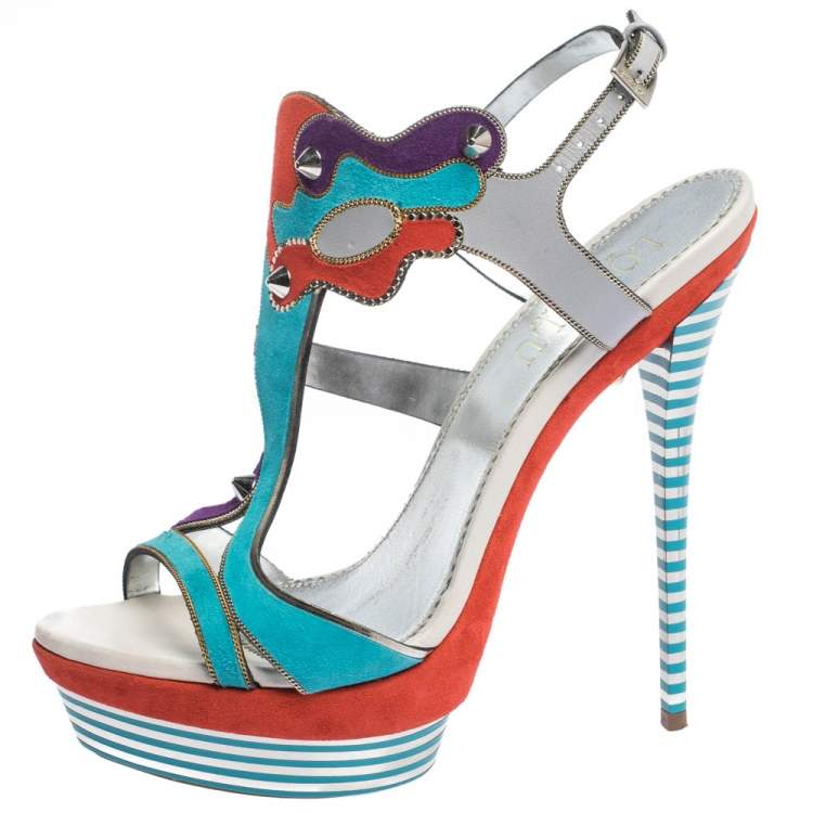 Pre Owned Loriblu Multicolor Suede Spike And Chain Embellished Platform Sandals Size 37.5