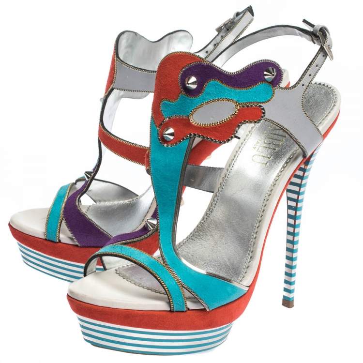 Pre Owned Loriblu Multicolor Suede Spike And Chain Embellished Platform Sandals Size 37.5