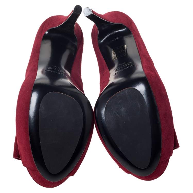 Pre Owned Loriblu Red Suede Embellished Bow Peep Toe Platform Pumps Size 38.5