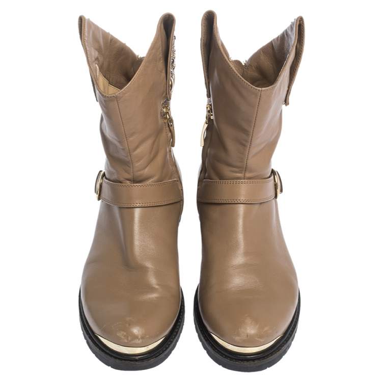 Pre Owned Loriblu Brown Leather Stud And Buckle Detail Ankle Boots Size 38
