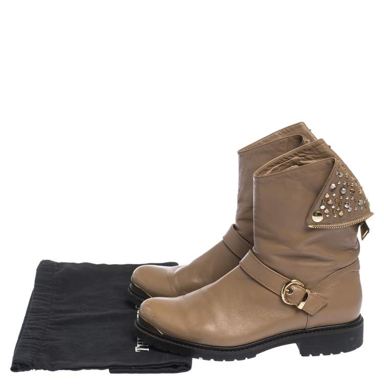 Pre Owned Loriblu Brown Leather Stud And Buckle Detail Ankle Boots Size 38