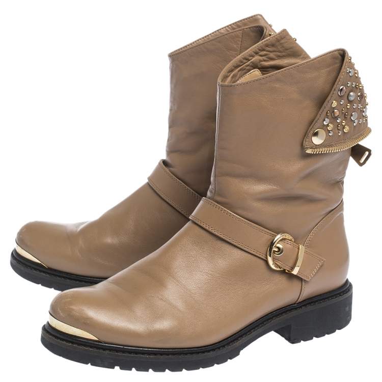 Pre Owned Loriblu Brown Leather Stud And Buckle Detail Ankle Boots Size 38