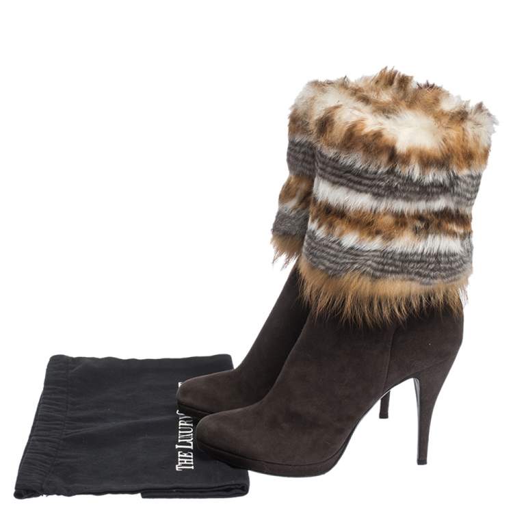 Pre Owned Loriblu Brown Suede And Multicolor Foldover Fur Pointed Toe Mid Calf Boots Size 38.5