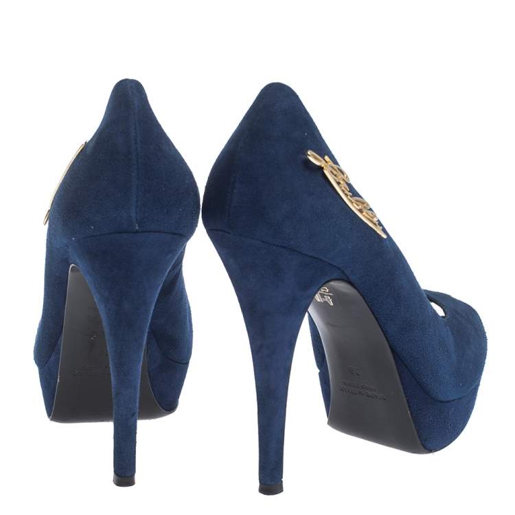 Loriblu Blue Suede Metal Logo Embellished Peep Toe Platform Pumps Size ...