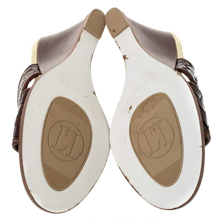 Pre Owned Loriblu Brown/Gold Woven Criss Cross Leather Wedge Sandals Size 38