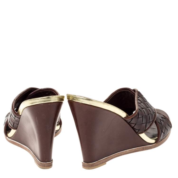 Pre Owned Loriblu Brown/Gold Woven Criss Cross Leather Wedge Sandals Size 38