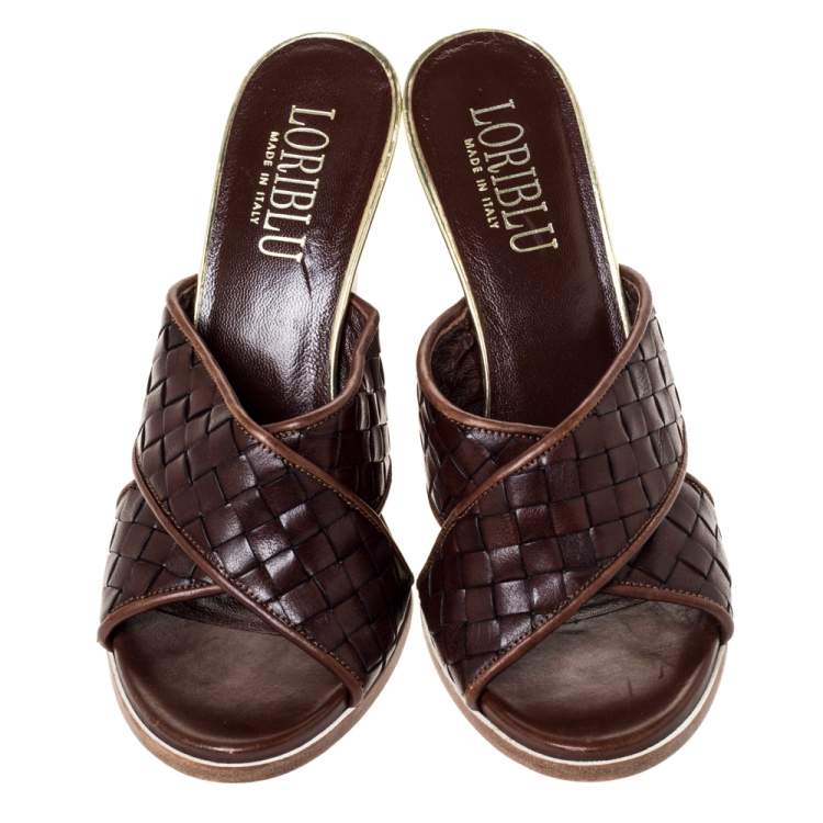 Pre Owned Loriblu Brown/Gold Woven Criss Cross Leather Wedge Sandals Size 38