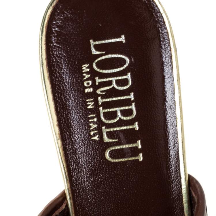 Pre Owned Loriblu Brown/Gold Woven Criss Cross Leather Wedge Sandals Size 38