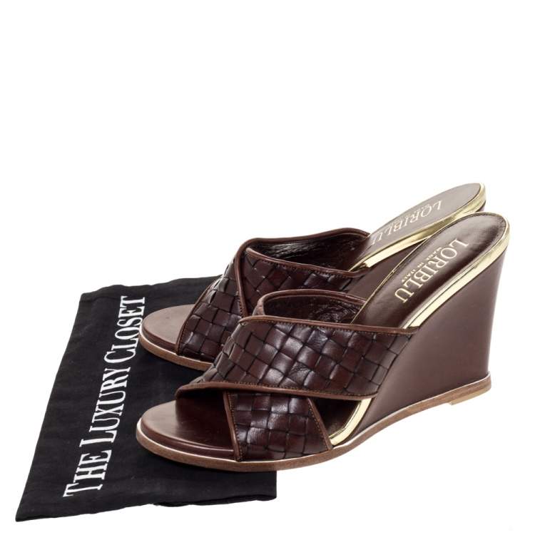Pre Owned Loriblu Brown/Gold Woven Criss Cross Leather Wedge Sandals Size 38