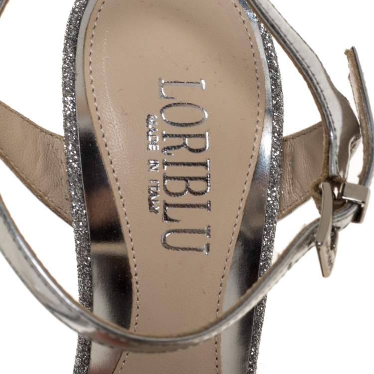 Pre Owned Loriblu Silver Leather And Glitter Ankle Strap Sandals Size 36