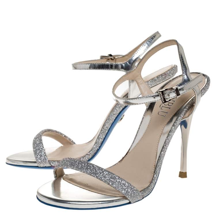 Pre Owned Loriblu Silver Leather And Glitter Ankle Strap Sandals Size 36