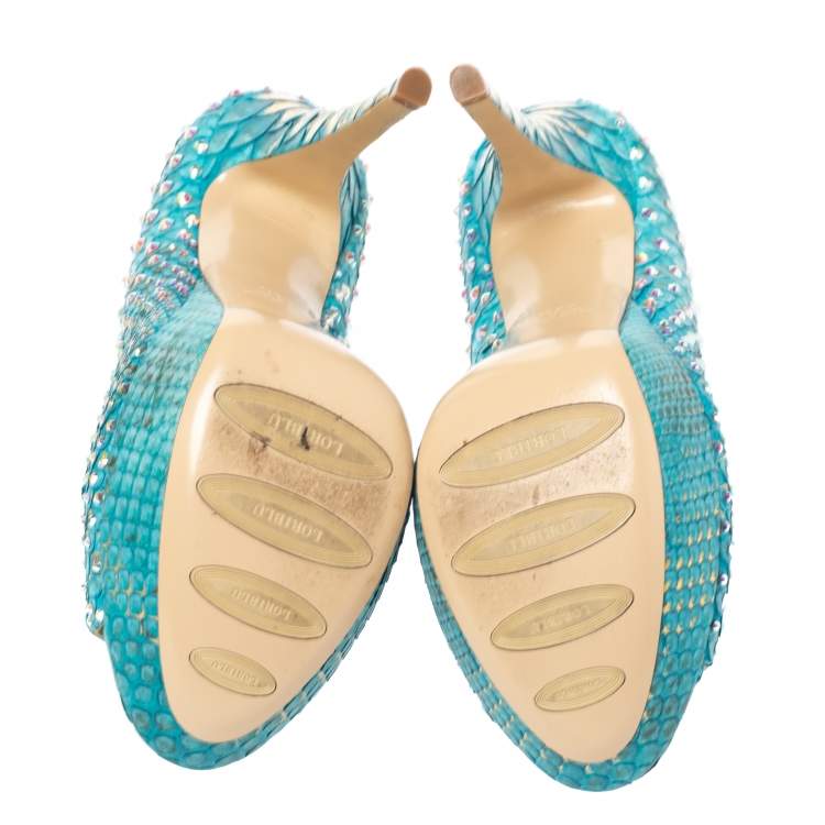 Pre Owned Loriblu Blue/Gold Python Embossed Leather Crystal Embellished Peep Toe Platform Pumps Size 36.5