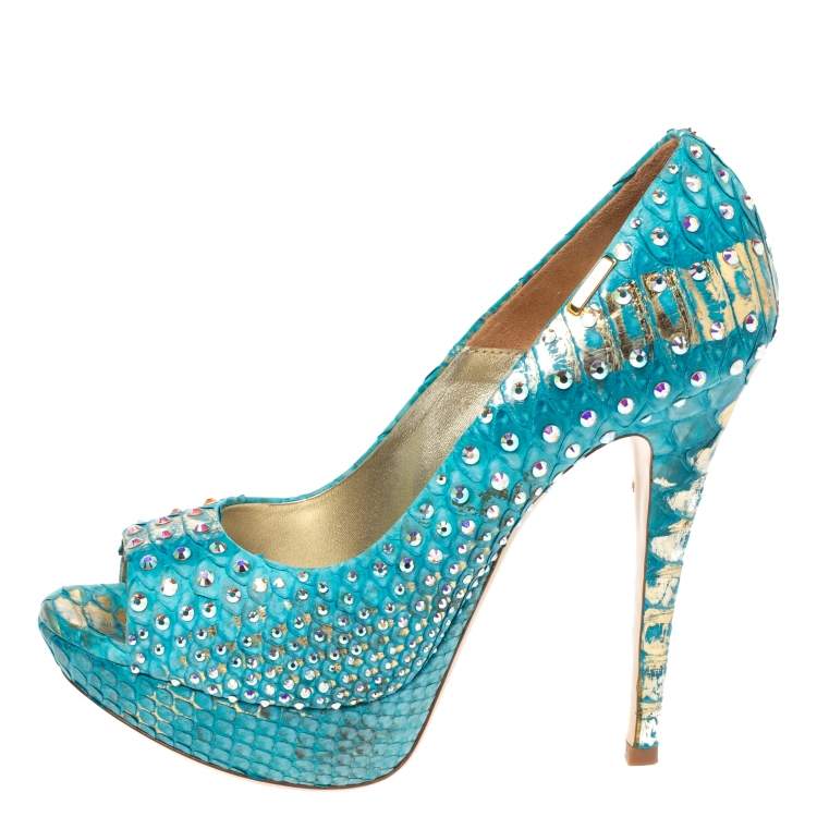 Pre Owned Loriblu Blue/Gold Python Embossed Leather Crystal Embellished Peep Toe Platform Pumps Size 36.5