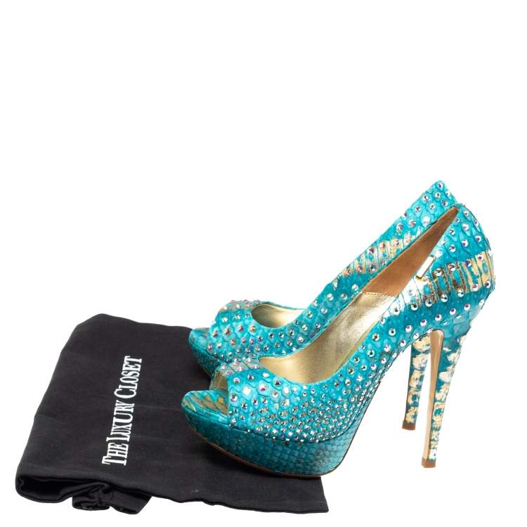 Pre Owned Loriblu Blue/Gold Python Embossed Leather Crystal Embellished Peep Toe Platform Pumps Size 36.5