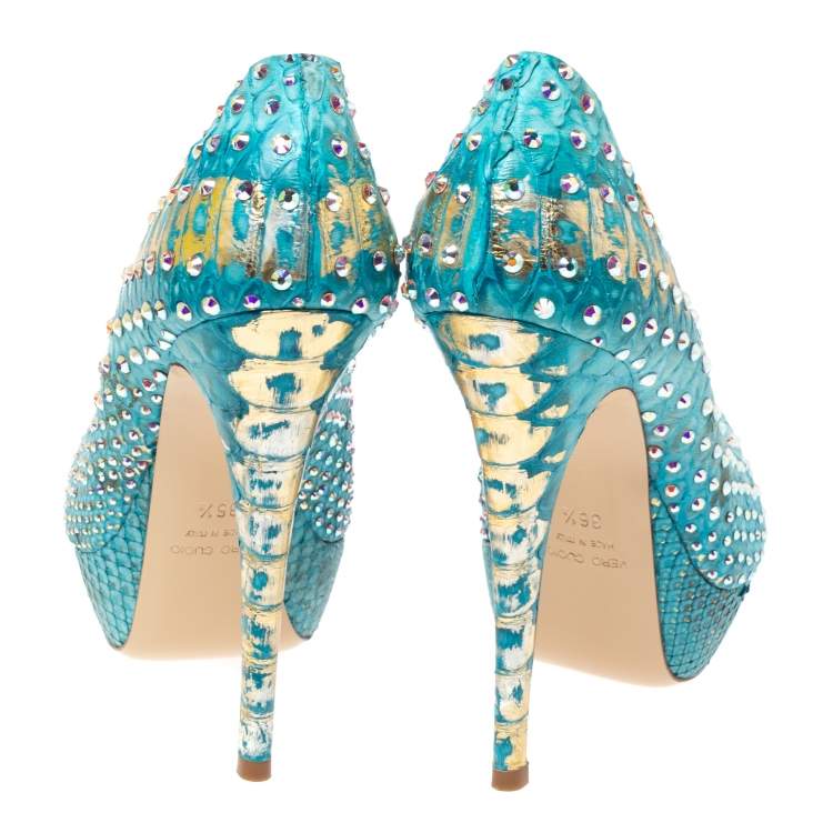Pre Owned Loriblu Blue/Gold Python Embossed Leather Crystal Embellished Peep Toe Platform Pumps Size 36.5