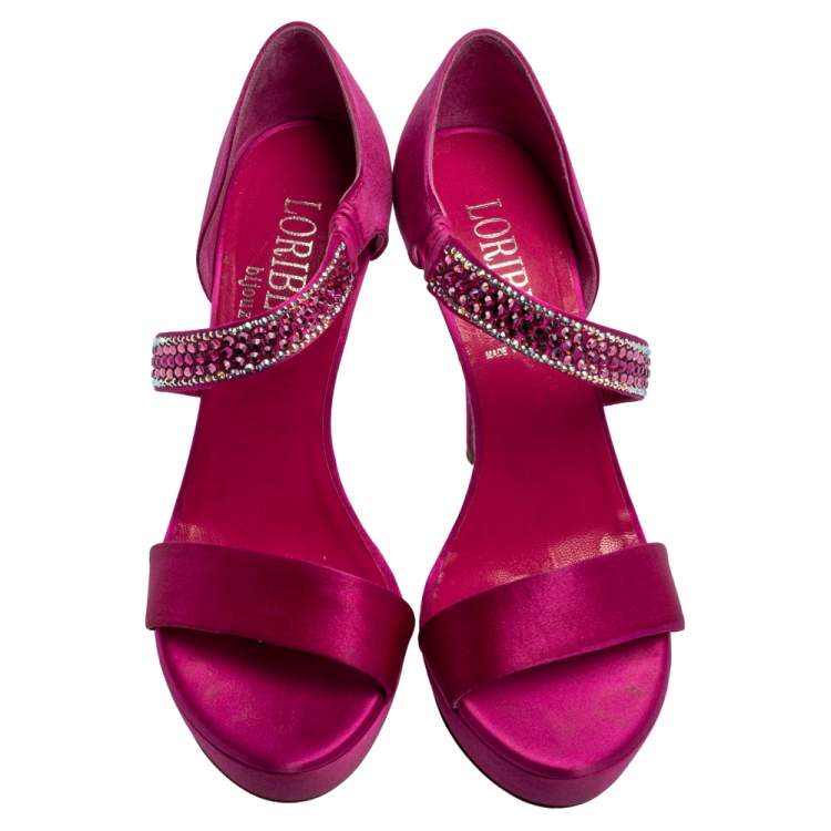 Pre Owned Loriblu Fuchsia Satin Crystal Embellished Open Toe Platform Sandals Size 38.5
