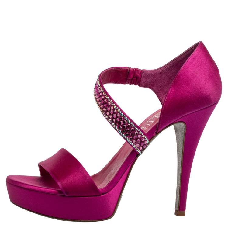 Pre Owned Loriblu Fuchsia Satin Crystal Embellished Open Toe Platform Sandals Size 38.5