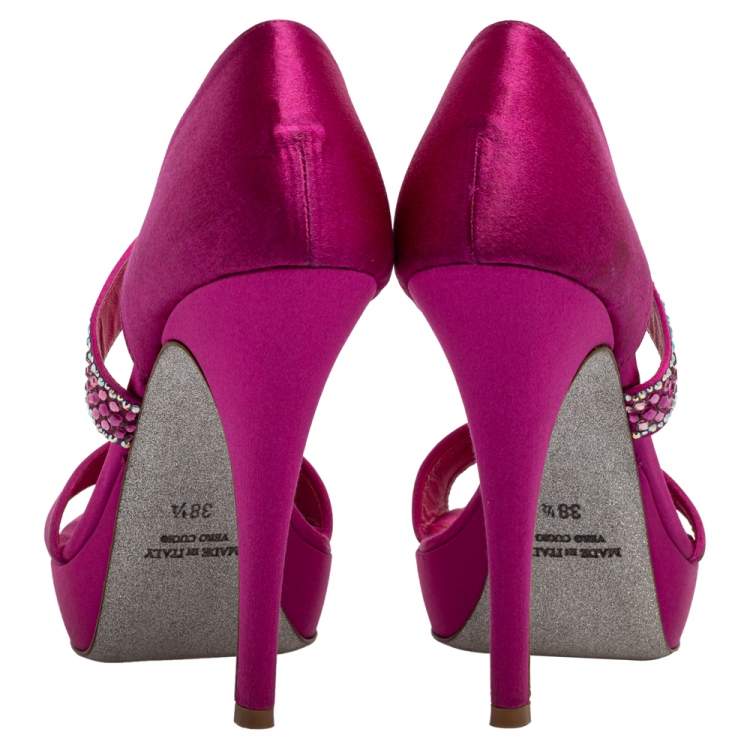 Pre Owned Loriblu Fuchsia Satin Crystal Embellished Open Toe Platform Sandals Size 38.5