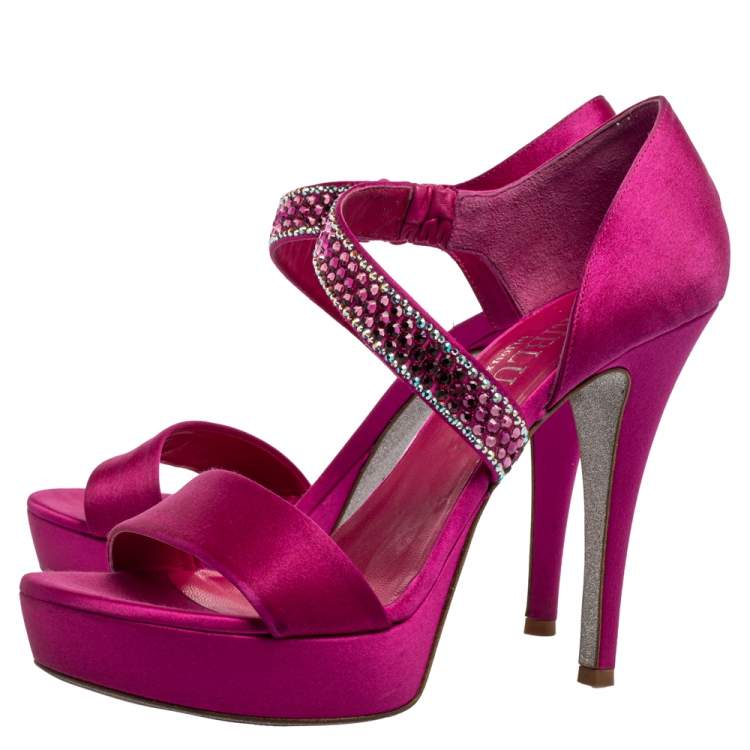 Pre Owned Loriblu Fuchsia Satin Crystal Embellished Open Toe Platform Sandals Size 38.5