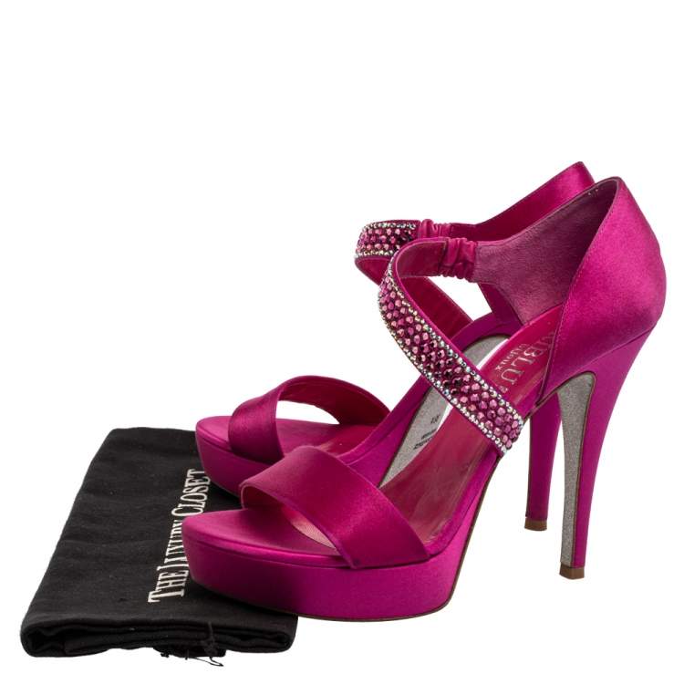 Pre Owned Loriblu Fuchsia Satin Crystal Embellished Open Toe Platform Sandals Size 38.5