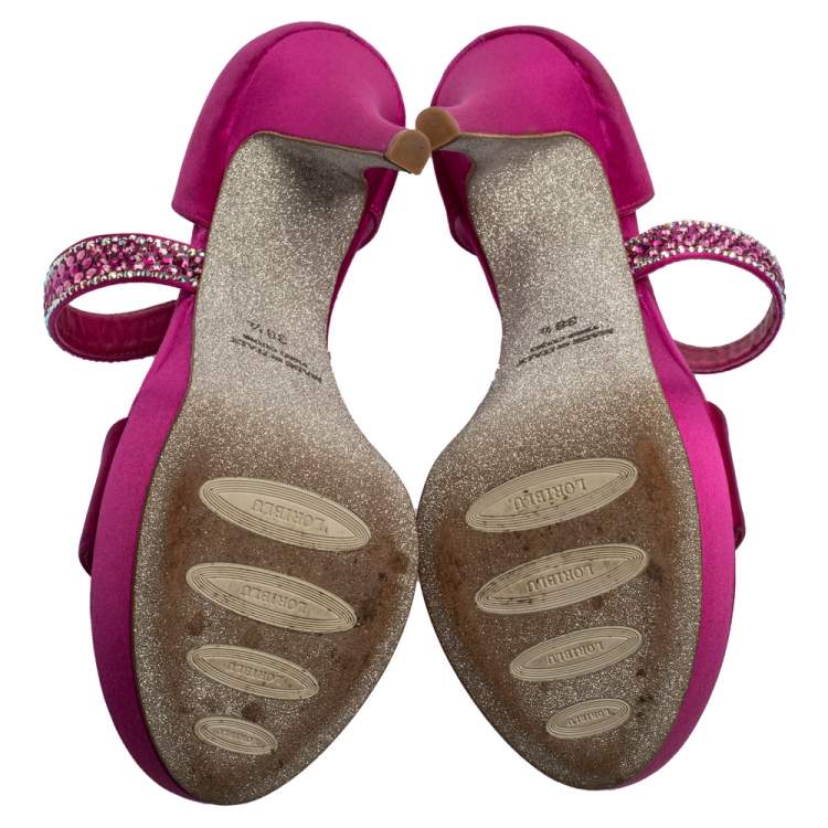 Pre Owned Loriblu Fuchsia Satin Crystal Embellished Open Toe Platform Sandals Size 38.5
