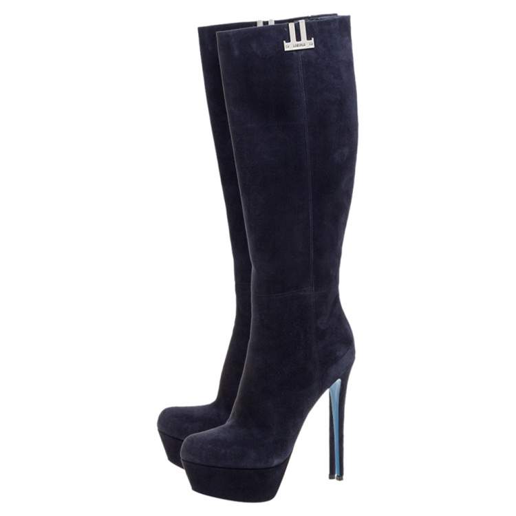 Pre Owned Loriblu Indigo Blue Suede Over the Knee Platform Boots Size 40
